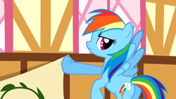 Size: 1280x720 | Tagged: safe, imported from derpibooru, screencap, rainbow dash, pegasus, pony, the last roundup, butt, female, mare, plot, ponyville town hall, rainbutt dash, solo