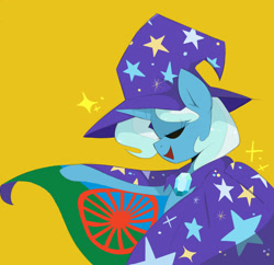 Size: 2048x1985 | Tagged: safe, artist:darkdoubloon, edit, imported from ponybooru, trixie, pony, unicorn, cape, clothes, eyes closed, hat, romani flag, simple background, solo, trixie's cape, trixie's hat, yellow background
