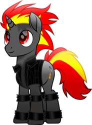 Size: 1773x2415 | Tagged: safe, artist:lincolnbrewsterfan, derpibooru exclusive, imported from derpibooru, oc, oc only, oc:shift timescale, pony, unicorn, rainbow roadtrip, .svg available, bands, clothes, colored pupils, cute, cute face, cute smile, embers, fire, gift art, gradient hair, gradient hooves, gradient mane, gradient tail, happy, horn, inkscape, jacket, looking up, male, microphone, movie accurate, ocbetes, red eyes, red hair, red mane, red tail, shading, sharp horn, simple background, smiling, solo, sparkles, spiky hair, spiky mane, stallion, striped tail, svg, tail, torch, transparent background, two toned hair, two toned mane, two toned tail, unicorn oc, vector, vest, wrist cuffs, yellow hair, yellow mane, yellow tail