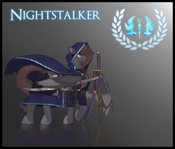 Size: 3500x3000 | Tagged: safe, alternate version, artist:nsilverdraws, artist:veen, imported from derpibooru, oc, oc only, oc:nightstalker, butterfly, pegasus, pony, armor, cape, clothes, cutie mark, dock, dock piercing, ear piercing, female, gradient background, laurel wreath, magic, mare, pegasus oc, piercing, solo, standing, sundown clan, sword, tail, tail piercing, two toned wings, weapon, wing armor, wings