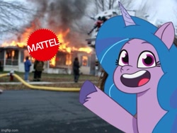 Size: 577x433 | Tagged: safe, alternate version, edit, edited screencap, editor:thomas me irl, screencap, izzy moonbow, human, pony, unicorn, disaster girl, female, fire, g5, imgflip, irl, irl human, logo, mattel, meme, my little pony: tell your tale, photo, pointing, pointing izzy, ponified meme, smiling, solo, starscout code, ta-da!, tell your tale