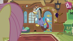 Size: 1920x1080 | Tagged: safe, imported from derpibooru, screencap, discord, fluttershy, make new friends but keep discord, bird house, discord is not amused, fluttershy's cottage, mouse hole, unamused