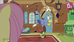 Size: 1920x1080 | Tagged: safe, imported from derpibooru, screencap, discord, fluttershy, draconequus, make new friends but keep discord, bird house, fluttershy's cottage, mouse hole