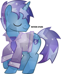 Size: 1024x1241 | Tagged: dead source, safe, artist:meteor-spark, imported from derpibooru, oc, oc only, oc:midnight, pony, unicorn, blue mane, blue tail, clothes, crystallized, cuffs (clothes), eyes closed, horn, lightning, male, necktie, raised hoof, shield, shirt, simple background, smiling, solo, source in the description, sparkles, stallion, suit, tail, transparent background, two toned hair, two toned mane, two toned tail, unicorn oc, watermark