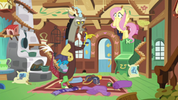 Size: 1280x720 | Tagged: safe, imported from derpibooru, screencap, discord, fluttershy, draconequus, pegasus, pony, dungeons and discords, blushing, clothes, discord is not amused, duo, fluttershy's cottage, fluttershy's cottage (interior), hand on hip, scarf, unamused