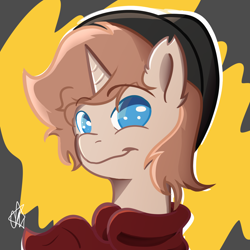 Size: 1800x1800 | Tagged: safe, artist:ermecg, imported from derpibooru, oc, oc:harry cog, pony, unicorn, colored lineart, ear fluff, eyes open, hat, horn, simple background, smiling, solo, unicorn oc