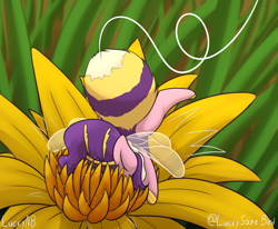 Size: 4000x3300 | Tagged: safe, artist:luckynb, imported from derpibooru, pipp petals, bee pony, original species, pony, adorapipp, bumblebipp, crash, cute, emanata, faceplant, female, flower, flying, g5, gradient background, majestic as fuck, pipp is short, pipp is smol, smol, solo, species swap, this will end in pollination, tiny, tiny ponies, wings