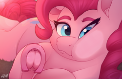 Size: 2570x1666 | Tagged: safe, artist:rivin177, imported from derpibooru, pinkie pie, earth pony, pony, against glass, blue eyes, bokeh, breaking the fourth wall, carpet, cheek bulge, cheek squish, cute, diapinkes, female, fourth wall, frog (hoof), g4, glass, hoof shoes, looking at you, lying down, mare, prone, raised hoof, smiling, solo, squishy cheeks, underhoof