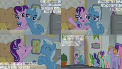 Size: 2000x1125 | Tagged: safe, edit, edited screencap, editor:quoterific, imported from derpibooru, screencap, auburn vision, berry blend, berry bliss, cozy glow, huckleberry, november rain, peppermint goldylinks, starlight glimmer, trixie, road to friendship, friendship student, school of friendship, starlight's office