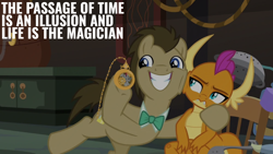 Size: 1920x1080 | Tagged: safe, edit, edited screencap, editor:quoterific, imported from derpibooru, screencap, doctor whooves, smolder, time turner, a horse shoe-in, doctor who, twelfth doctor