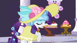 Size: 1920x1073 | Tagged: safe, imported from derpibooru, screencap, rarity, sweet and elite, clothes, dress, hat, piñata, solo, stick