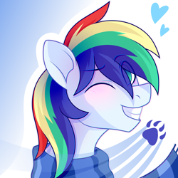 Size: 2500x2500 | Tagged: safe, artist:fluffywhirlpool, imported from derpibooru, oc, oc only, oc:manti'core, pegasus, pony, blushing, bust, clothes, cute, eye clipping through hair, eyebrows, eyebrows visible through hair, gradient background, green eyes, heart, looking at you, male, multicolored mane, one eye closed, paws, pegasus oc, portrait, scarf, simple background, smiling, smiling at you, solo, stallion, striped scarf, wink, winking at you