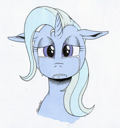 Size: 1202x1280 | Tagged: safe, artist:darkhestur, imported from derpibooru, trixie, pony, unicorn, bust, crying, depressed, female, looking at you, mare, marker drawing, sad, simple background, solo, the sad and depresive trixie, traditional art