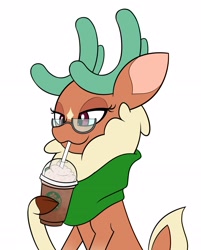 Size: 2368x2945 | Tagged: safe, artist:mrneo, imported from derpibooru, cashmere (tfh), deer, reindeer, them's fightin' herds, clothes, cloven hooves, community related, drinking, frappuccino, glasses, scarf, simple background, solo, starbucks, white background