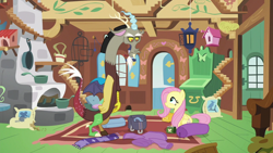 Size: 1280x720 | Tagged: safe, imported from derpibooru, screencap, discord, fluttershy, draconequus, dungeons and discords, bird house, clothes, discord is not amused, fluttershy's cottage, fluttershy's cottage (interior), mouse hole, scarf, smiling, unamused