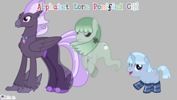 Size: 7111x4000 | Tagged: safe, artist:melisareb, imported from derpibooru, part of a set, ghost, ghost pony, hippogriff, pony, unicorn, .svg available, 16:9, absurd resolution, alphabet lore, clothes, crossover, floating, g, glowing, glowing eyes, gray background, h, happy, hippogriffied, i, jewelry, looking at you, male, necklace, one eye closed, open mouth, ponified, raised hoof, shoes, simple background, socks, species swap, stallion, striped socks, trio, trio male, vector, windswept mane, wings, wink, winking at you