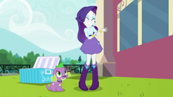 Size: 1280x717 | Tagged: safe, imported from derpibooru, screencap, rarity, spike, dog, human, dance magic, equestria girls, spoiler:eqg specials, clothes, duo, legs, skirt, spike the dog, waving