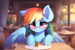 Size: 3072x2048 | Tagged: safe, imported from derpibooru, rainbow dash, pegasus, pony, ai content, ai generated, blushing, date, female, food, generator:novelai, generator:stable diffusion, glass, high res, indoors, interior, looking at you, mare, offscreen character, one ear down, plate, pov, restaurant, sitting, sitting at table, smiling, smiling at you, solo, spread wings, wings