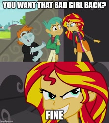 Size: 500x562 | Tagged: safe, edit, edited screencap, imported from derpibooru, screencap, snails, snips, sunset shimmer, human, equestria girls, equestria girls (movie), antagonist, boots, caption, clothes, comic, evil, evil grin, female, grin, high heel boots, image macro, imgflip, jacket, legs, screencap comic, shirt, shoes, skirt, smiling, text, villainess, villainous