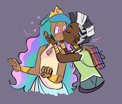 Size: 1766x1502 | Tagged: safe, artist:stevetwisp, imported from derpibooru, princess celestia, zecora, human, blushing, clothes, dark skin, dress, duo, female, humanized, jewelry, kiss on the lips, kissing, lesbian, moderate dark skin, mohawk, shipping, shirt, simple background, surprise kiss, tiara, zelestia