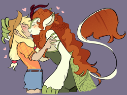 Size: 1526x1134 | Tagged: safe, artist:stevetwisp, imported from derpibooru, applejack, autumn blaze, anthro, human, anthrofied, autumnjack, blushing, clothes, denim, denim shorts, duo, female, horn, humanized, kiss on the lips, kissing, lesbian, light skin, shipping, shirt, shorts, simple background