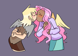 Size: 2048x1483 | Tagged: safe, artist:stevetwisp, imported from derpibooru, derpy hooves, fluttershy, human, blushing, clothes, dark skin, derpyshy, duo, female, human coloration, humanized, kiss on the lips, kissing, lesbian, light skin, moderate dark skin, shipping, shirt, simple background, winged humanization, wings