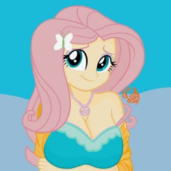 Size: 960x960 | Tagged: safe, artist:flutteryaylove, imported from derpibooru, fluttershy, human, equestria girls, adorasexy, arm under breasts, big breasts, breasts, busty fluttershy, butterfly hairpin, cleavage, clothes, cute, eyeshadow, female, geode of fauna, jewelry, looking at you, magical geodes, makeup, necklace, off shoulder, sexy, shyabetes, solo