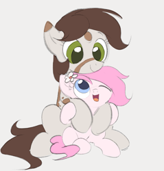 Size: 975x1022 | Tagged: safe, artist:dotkwa, imported from derpibooru, oc, oc only, oc:deary dots, oc:kayla, earth pony, pony, cute, duo, earth pony oc, female, filly, flower, flower in hair, foal, gray background, hug, hug from behind, looking at each other, looking at someone, looking down, looking up, mare, ocbetes, one eye closed, open mouth, open smile, simple background, size difference, smiling