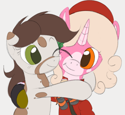 Size: 872x802 | Tagged: safe, artist:dotkwa, imported from derpibooru, oc, oc only, oc:bloona blazes, oc:deary dots, earth pony, pony, unicorn, bust, clothes, duo, earth pony oc, female, gray background, grenade, horn, hug, looking at each other, looking at someone, mare, one eye closed, simple background, smiling, unicorn oc, weapon