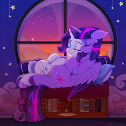 Size: 1000x1000 | Tagged: safe, artist:willoillo, imported from derpibooru, rarity, twilight sparkle, alicorn, pony, unicorn, fanfic:the enchanted kingdom, fanfic:the enchanted library, book, bookshelf, cuddling, duo, eyes closed, fanfic art, female, lesbian, pillow, rarilight, shipping, sunset, twilight sparkle (alicorn), window
