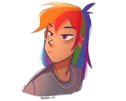 Size: 1080x866 | Tagged: safe, artist:fartyarts, artist:fartyarts_vic, artist:mlp-hearts, imported from derpibooru, rainbow dash, human, bust, clothes, ear piercing, humanized, industrial piercing, jewelry, necklace, piercing, portrait, shirt, simple background, solo, t-shirt, white background