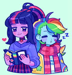 Size: 2965x3110 | Tagged: safe, artist:jademoona, artist:the_chade, imported from derpibooru, rainbow dash, twilight sparkle, human, equestria girls, bandaid, blue background, book, choker, clothes, duo, eyes closed, female, green background, lesbian, onomatopoeia, ponytail, reading, scarf, shipping, simple background, sleeping, sound effects, striped scarf, twidash, zzz