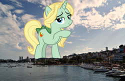 Size: 2048x1326 | Tagged: safe, artist:chrzanek97, edit, editor:jaredking779, imported from derpibooru, dear darling, pony, unicorn, acapulco, background pony, bow, female, giant pony, giantess, hair bow, highrise ponies, irl, lidded eyes, looking at you, macro, mare, mexico, photo, ponies in real life, raised hoof, smiling, solo, tail, tail bow