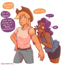 Size: 1080x1087 | Tagged: safe, artist:fartyarts, artist:fartyarts_vic, artist:mlp-hearts, imported from derpibooru, applejack, rarity, human, clothes, dark skin, denim, dialogue, duo, female, humanized, jeans, masculine, measuring, measuring tape, muscles, muscular female, pants, rarity peplum dress, shirt, simple background, speech bubble, t-shirt, white background