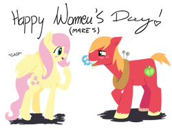 Size: 800x600 | Tagged: safe, anonymous artist, artist:swirlwysketch, imported from derpibooru, big macintosh, fluttershy, earth pony, pegasus, pony, big macintosh's yoke, blushing, duo, duo male and female, female, flower, flower in mouth, fluttermac, horse collar, international women's day, looking at each other, looking at someone, male, mare, mouth hold, remake, shipping, simple background, smiling, smiling at each other, stallion, straight, text, transparent background, women's day