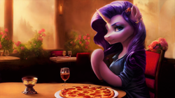 Size: 2658x1504 | Tagged: safe, imported from derpibooru, rarity, pony, semi-anthro, unicorn, ai assisted, ai content, alcohol, clothes, curved horn, female, food, generator:stable diffusion, glass, horn, indoors, mare, pizza, prompter:saphkey, restaurant, sitting at table, solo, wallpaper, wine, wine glass