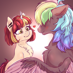 Size: 1024x1024 | Tagged: safe, artist:kirby_orange, imported from derpibooru, oc, oc only, oc:walter evans, pegasus, pony, unicorn, blushing, chest fluff, colored wings, cute, duo, female, looking at each other, looking at someone, male, mare, multicolored hair, multicolored mane, multicolored wings, rainbow hair, simple background, stallion, wings