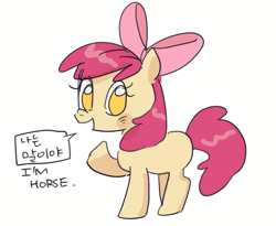 Size: 983x805 | Tagged: safe, artist:ruku631, imported from derpibooru, apple bloom, earth pony, pony, blank flank, blushing, captain obvious, female, filly, foal, korean, looking at you, no pupils, raised hoof, shaped like itself, simple background, solo, speech bubble, text, white background