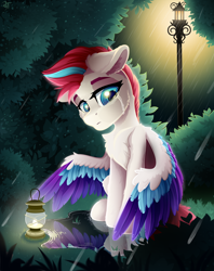 Size: 2500x3150 | Tagged: safe, artist:rainbowfire, imported from derpibooru, zipp storm, pegasus, pony, spoiler:g5, bush, colored wings, colored wingtips, crying, eyebrows, female, floppy ears, forest, frown, g5, high res, lamppost, lantern, light, lightning, mare, multicolored wings, night, puddle, rain, sad, signature, sitting, solo, spread wings, tears of pain, wings