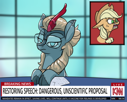 Size: 1500x1200 | Tagged: safe, artist:rocket-lawnchair, imported from derpibooru, applejack, sparkling brook, earth pony, kirin, pony, angry, cloven hooves, cnn, cowboy hat, female, glasses, hat, mare, news, news report, politics, stetson