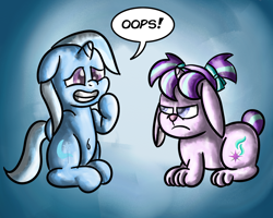 Size: 3000x2400 | Tagged: safe, artist:saburodaimando, imported from derpibooru, starlight glimmer, trixie, pony, rabbit, unicorn, animal, duo, duo female, female, filly, filly trixie, floppy ears, frown, grin, high res, looking at each other, looking at someone, nervous, nervous grin, sitting, smiling, species swap, starlight glimmer is not amused, unamused, younger