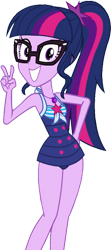 Size: 439x990 | Tagged: safe, artist:homersimpson1983, edit, edited screencap, imported from derpibooru, screencap, sci-twi, twilight sparkle, human, equestria girls, equestria girls series, forgotten friendship, background removed, bare shoulders, clothes, female, looking at you, not a vector, one-piece swimsuit, peace sign, sci-twi swimsuit, simple background, sleeveless, solo, swimsuit, transparent background