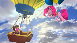 Size: 3840x2160 | Tagged: safe, artist:egr1n, imported from derpibooru, cherry berry, pinkie pie, earth pony, pony, 3d, 4k, anaglyph 3d, aviator hat, bag, balloon, bomber jacket, clothes, cloud, day, duo, duo female, female, flying, happy, hat, high res, hot air balloon, jacket, pink eyes, pink hair, pink mane, rope, scarf, sky, sleeping bag, source filmmaker, sun