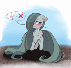 Size: 1200x1142 | Tagged: safe, artist:inkypuso, imported from derpibooru, marble pie, earth pony, pony, blushing, chest fluff, cute, ear fluff, emanata, female, floppy ears, frown, hair over one eye, long mane, long tail, marblebetes, mare, pictogram, plewds, raised hoof, solo, sweat, tail