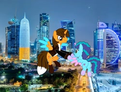 Size: 1424x1080 | Tagged: safe, artist:ejlightning007arts, imported from derpibooru, oc, oc:ej, alicorn, pony, alicornified, butt, canon x oc, ejmisty, female, g5, happy, irl, male, mare, misty brightdawn, night, photo, plot, ponies in real life, qatar, race swap, shipping, stallion