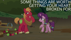 Size: 1920x1080 | Tagged: safe, edit, edited screencap, editor:quoterific, imported from derpibooru, screencap, big macintosh, sugar belle, earth pony, pony, unicorn, the break up breakdown, apple, cart, doctor who, duo, female, food, male, mare, mud, stallion