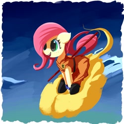 Size: 1600x1600 | Tagged: safe, artist:solid shrimp, imported from derpibooru, fluttershy, pegasus, pony, badass, clothes, cloud, cosplay, costume, dragon ball, female, filly, floppy ears, flutterbadass, foal, jumpsuit, kinto'un, nyoi-bo, sitting, sky, solo, son goku