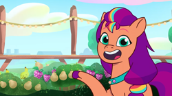 Size: 3300x1844 | Tagged: safe, imported from derpibooru, screencap, sunny starscout, earth pony, pony, spoiler:g5, spoiler:my little pony: tell your tale, spoiler:tyts01e47, community garden, female, g5, looking at you, mane stripe sunny, mare, my little pony: tell your tale, solo, sunny's smoothie moves