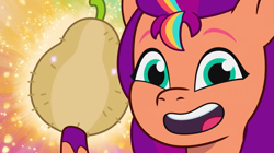 Size: 3300x1844 | Tagged: safe, imported from derpibooru, screencap, sunny starscout, earth pony, pony, spoiler:g5, spoiler:my little pony: tell your tale, spoiler:tyts01e47, female, fruit, g5, looking at you, mane stripe sunny, mare, my little pony: tell your tale, solo, sunny's smoothie moves