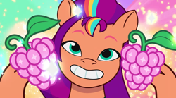 Size: 3300x1834 | Tagged: safe, imported from derpibooru, screencap, sunny starscout, earth pony, pony, spoiler:g5, spoiler:my little pony: tell your tale, spoiler:tyts01e47, abstract background, berry, female, food, fruit, g5, grin, mane stripe sunny, mare, my little pony: tell your tale, smiling, solo, sparkles, sunny's smoothie moves